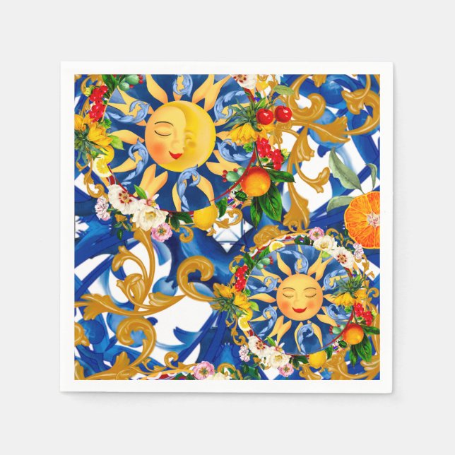 Sicilian sun,half moon,summer,majolica,lemon, napkin (Front)