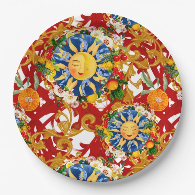 Sicilian sun,half moon,summer,majolica,lemon, paper plate (Front)