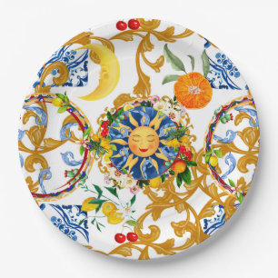 Sicilian sun,half moon,summer,majolica,lemon, paper plate