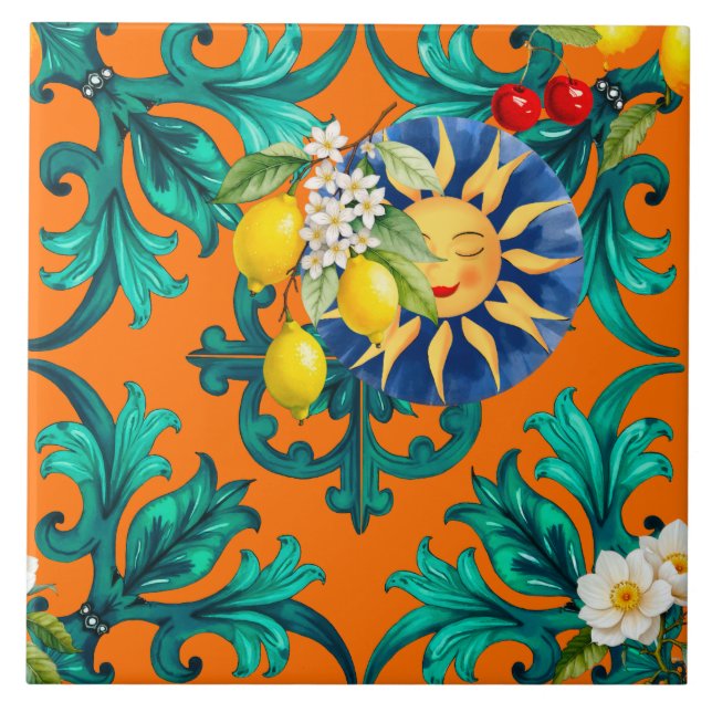 Sicilian sun,summer,lemon,mosaic,blue, tile (Front)