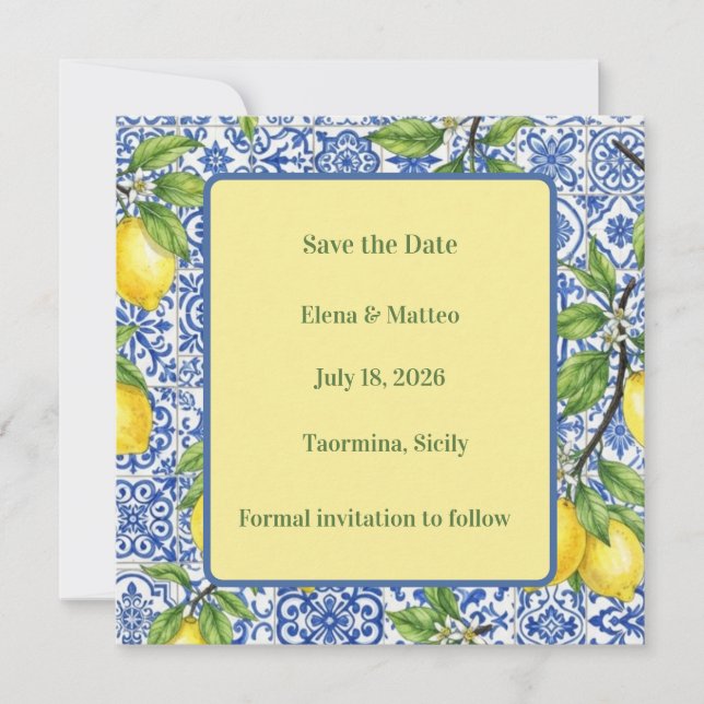 Sicilian Tile & Lemon Save The Date (Front)