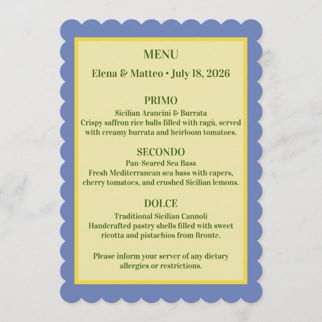 Sicilian Tile & Lemon Wedding Dinner Menu (Front)