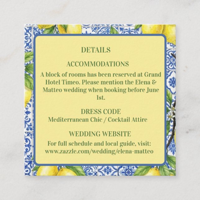 Sicilian Tile & Lemon Wedding Enclosure Card (Front)