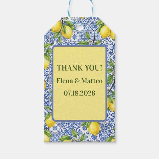 Sicilian Tile & Lemon Wedding Gift Tags (Front)