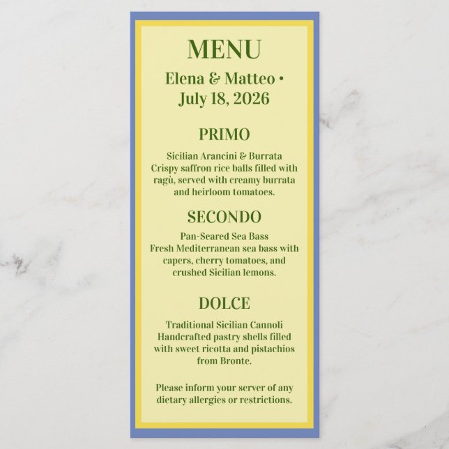 Sicilian Tile & Lemon Wedding Menu (Front)