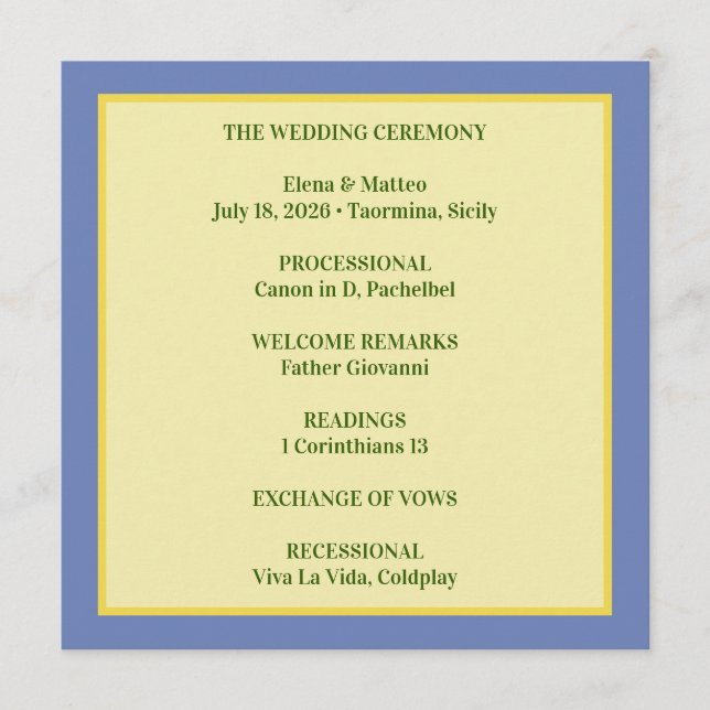 Sicilian Tile & Lemon Wedding Programme (Front)
