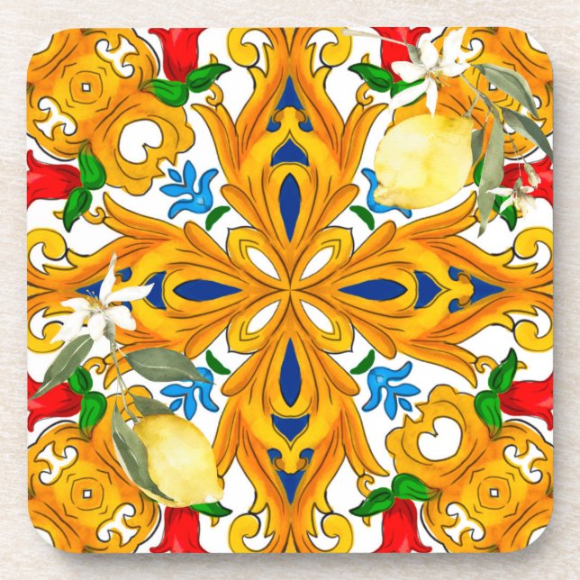 Sicilian tiles,majolica,lemon,Ceramic Tile Coaster (Front)
