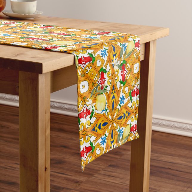 Sicilian tiles,majolica,lemon, medium table runner (In Situ)