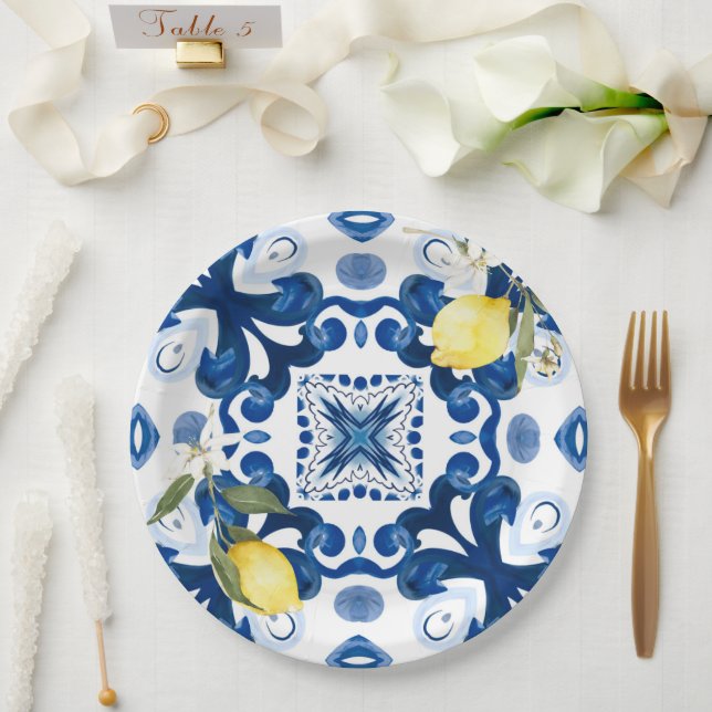 Sicilian tiles,majolica,lemon, paper plate (Wedding)