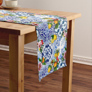 Sicilian tiles,majolica ,lemons,citrus long table runner