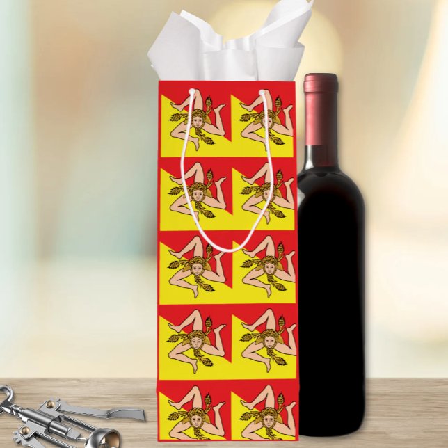 Sicilian Trinacria All-Over Flag Pattern Sicily Wine Gift Bag (Flag of Sicily Trinacria Repeat Pattern Gift Bags - Three Sizes and wine Bag for Sicilian parties)