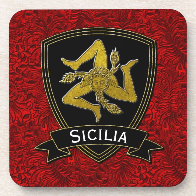 Sicilian Trinacria Black Gold Red Foil Coaster (Front)