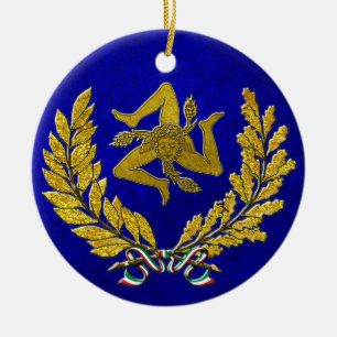 Sicilian Trinacria Heirloom in Gold on Blue Ceramic Tree Decoration