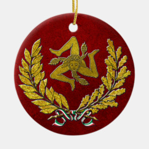 Sicilian Trinacria Heirloom in Gold on Red Ceramic Tree Decoration