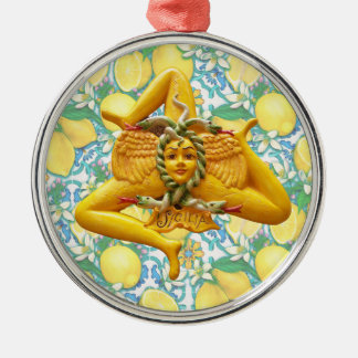 Sicilian Trinacria Italian Pride Lemons on Blue  Metal Tree Decoration