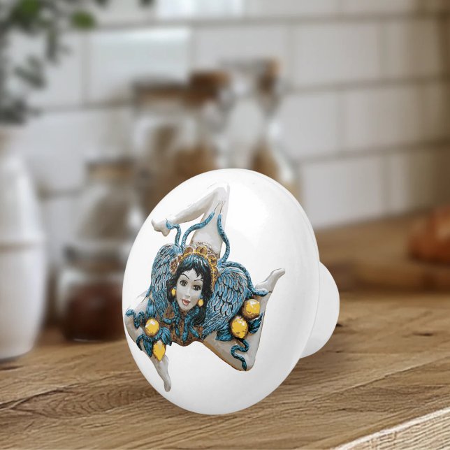 Sicilian Trinacria Medusa -Symbol of Sicily Ceramic Knob (Trinacria Medusa Symbol of Sicily Ceramic Knob for Sicilian Kitchen or Furniture accent)