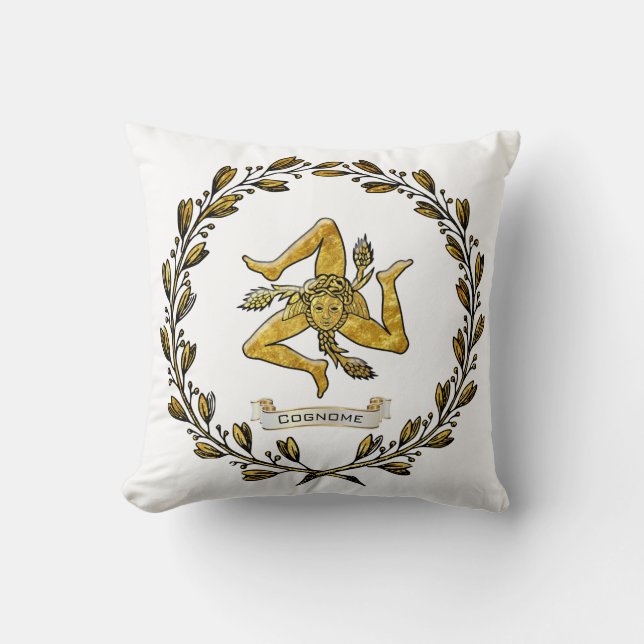 Sicilian Trinacria Olive Wreath Personalise Cushion (Front)