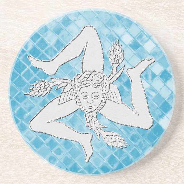 Sicilian Trinacria On Blue Mosaic Coaster (Front)