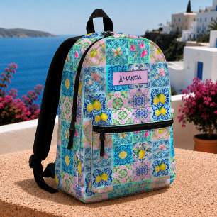 Sicilian turquoise citrus Mediterranean azulejo Printed Backpack