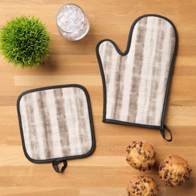 Sicilian Woven Cream Tan Stripes Bridal Shower Oven Mitt & Pot Holder Set (Top Down)