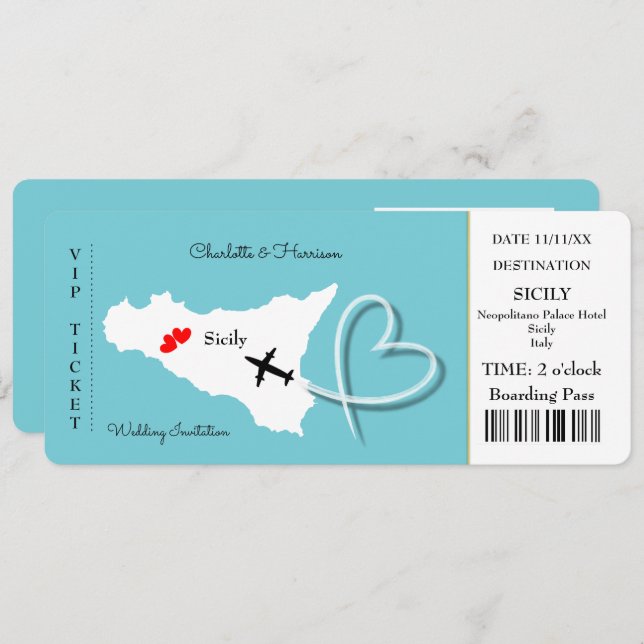 Sicily Destination Wedding Ticket Invitation (Front/Back)
