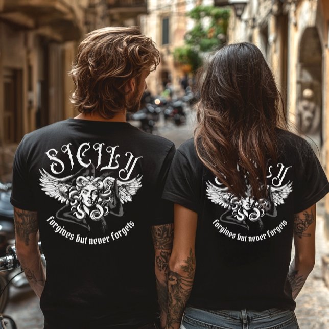 Sicily Forgives but Never Forgets Gothic Trinacria T-Shirt (Sicily Forgives But Never Forgets Tattoo Gothic Trinacria Medusa T-shirt for men and women)