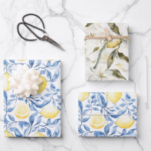 Sicily Italian Rustic Blue Leaves Lemons  Wrapping Paper Sheet