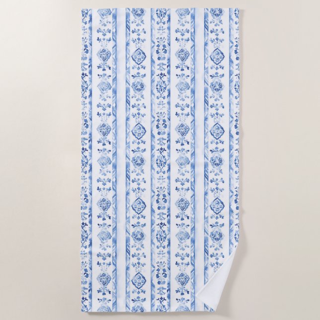 Sicily Italian Rustic Blue Stripes Beach Towel (Front)