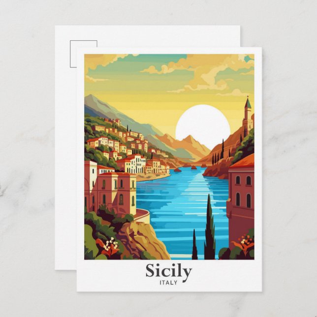 Sicily Italy Art Vintage Travel Illustration Postcard (Front/Back)