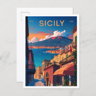 Sicily Italy Art Vintage Travel Illustration Postcard