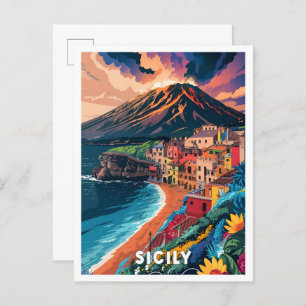 Sicily Italy Art Vintage Travel Illustration Postcard