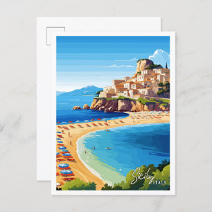 Sicily Italy Art vintage travel illustration Postcard