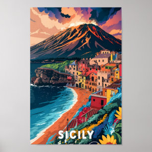 Sicily Italy Art Vintage Travel Illustration Poster