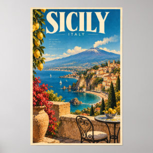 Sicily Italy Coastal Volcano Travel Poster Wall Ar