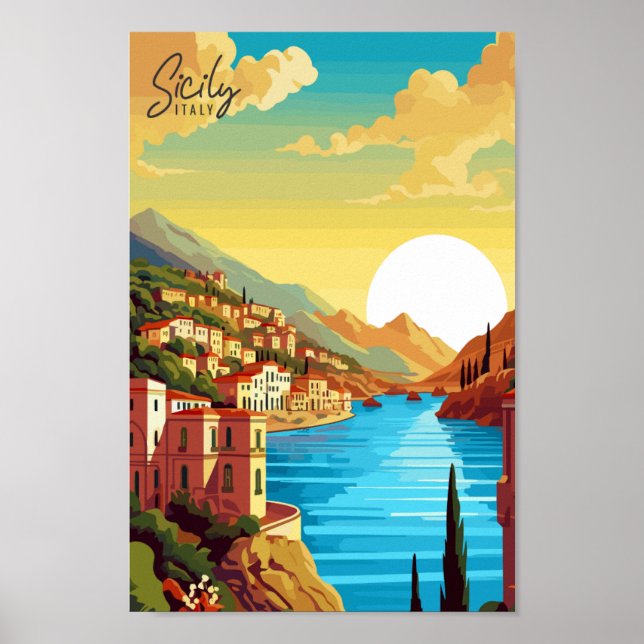 Sicily Italy vintage travel illustration Poster (Front)