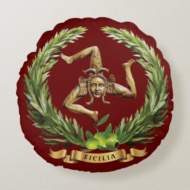 Sicily Round Cushion with Trinacria & Olive Branch (Front)