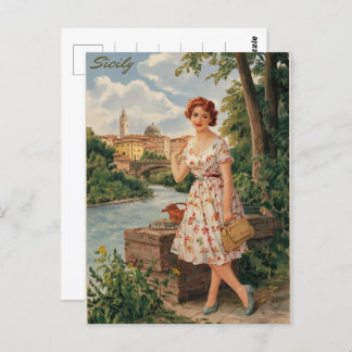 Sicily vintage italian lady in the country 50s postcard