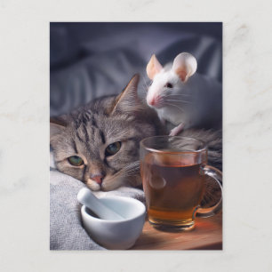 Sick Kitty Resting In Bed Postcard