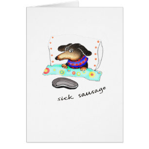 Sick sausage, dachshund ill in bed, humour.