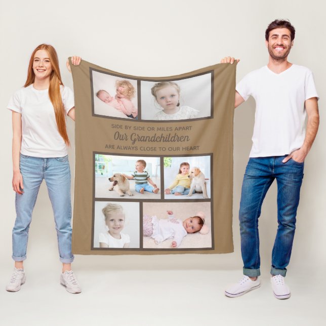 Side by Side Brown 6 Photo Grandchildren Collage Fleece Blanket (In Situ)
