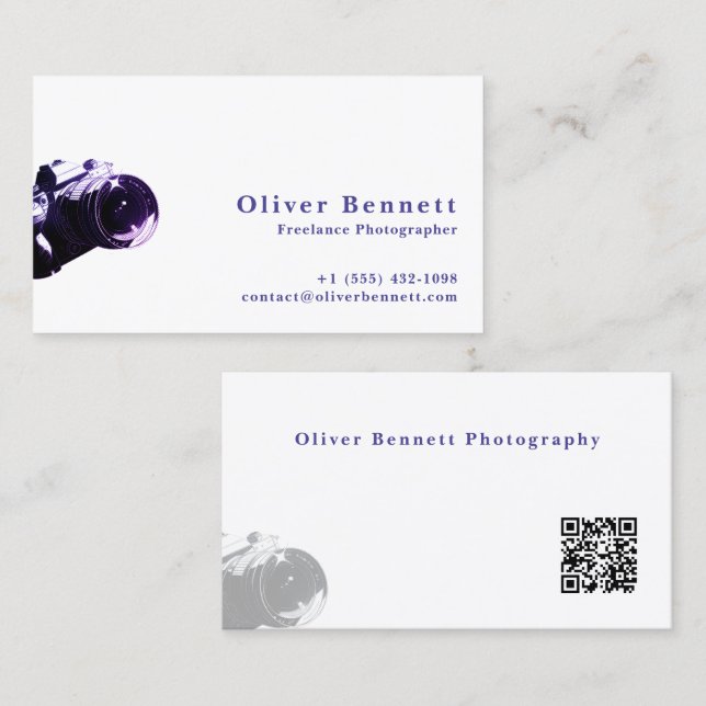 Side-cut PurpleDesign Camera Photographer QR Code  Business Card (Front/Back)