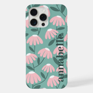 Side Monogram Name Pink & Green Floral Pattern iPhone 15 Pro Max Case