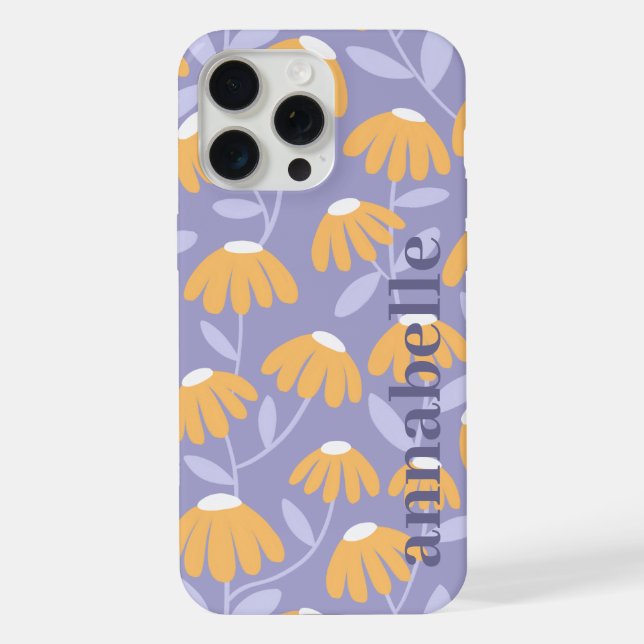 Side Monogram Name Yellow & Blue Floral Pattern iPhone Case (Back)
