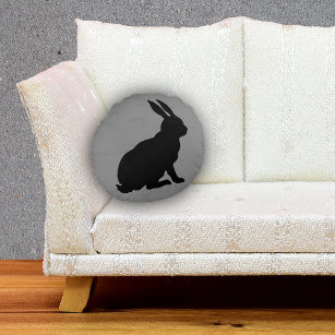 Side Profile Sitting black Rabbit Marbled Grey Round Cushion