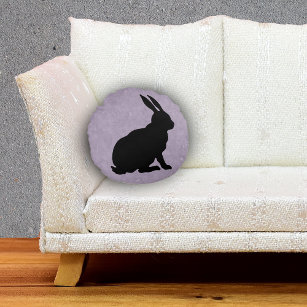 Side Profile Sitting black Rabbit Marbled Purple Round Cushion