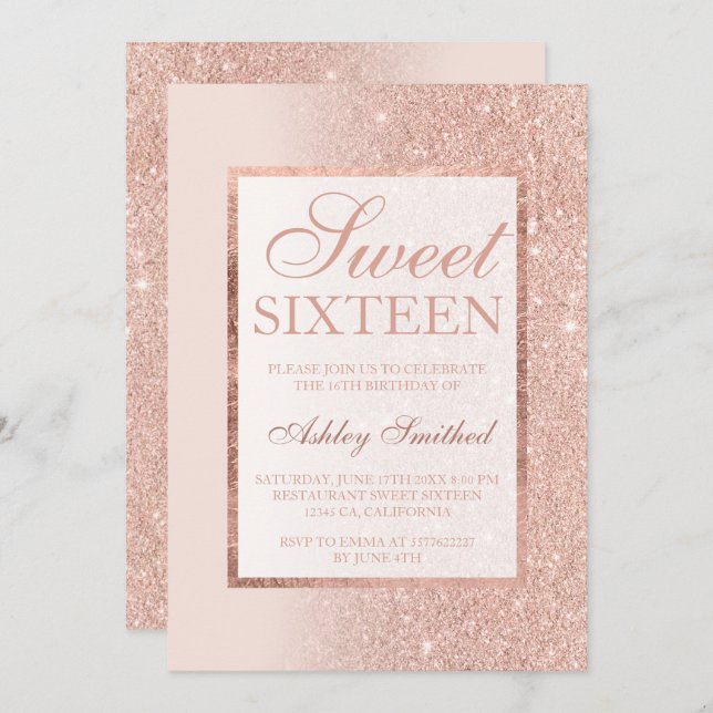 Side rose gold glitter elegant chic Sweet 16 Invitation (Front/Back)