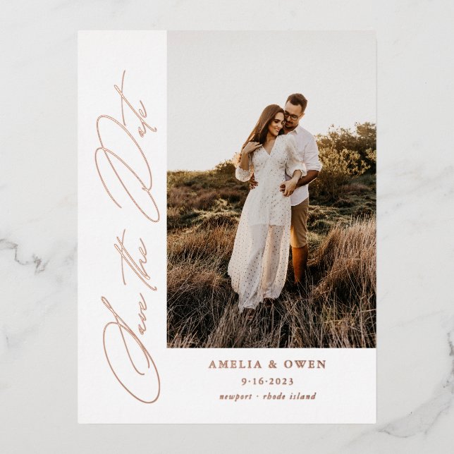 Side Script Minimalist Modern Photo Wedding Foil Invitation Postcard (Front)