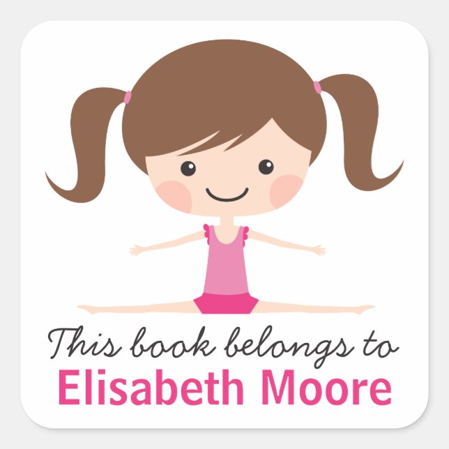 Side split gymnast girl cartoon bookplate book square sticker (Front)