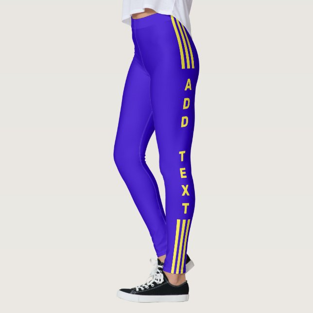 Side Stripe Blue Leggings Custom Text and Colours (Left)