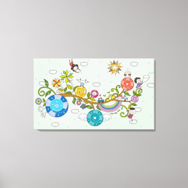 Side view of children playing on tree branch canvas print (Front)